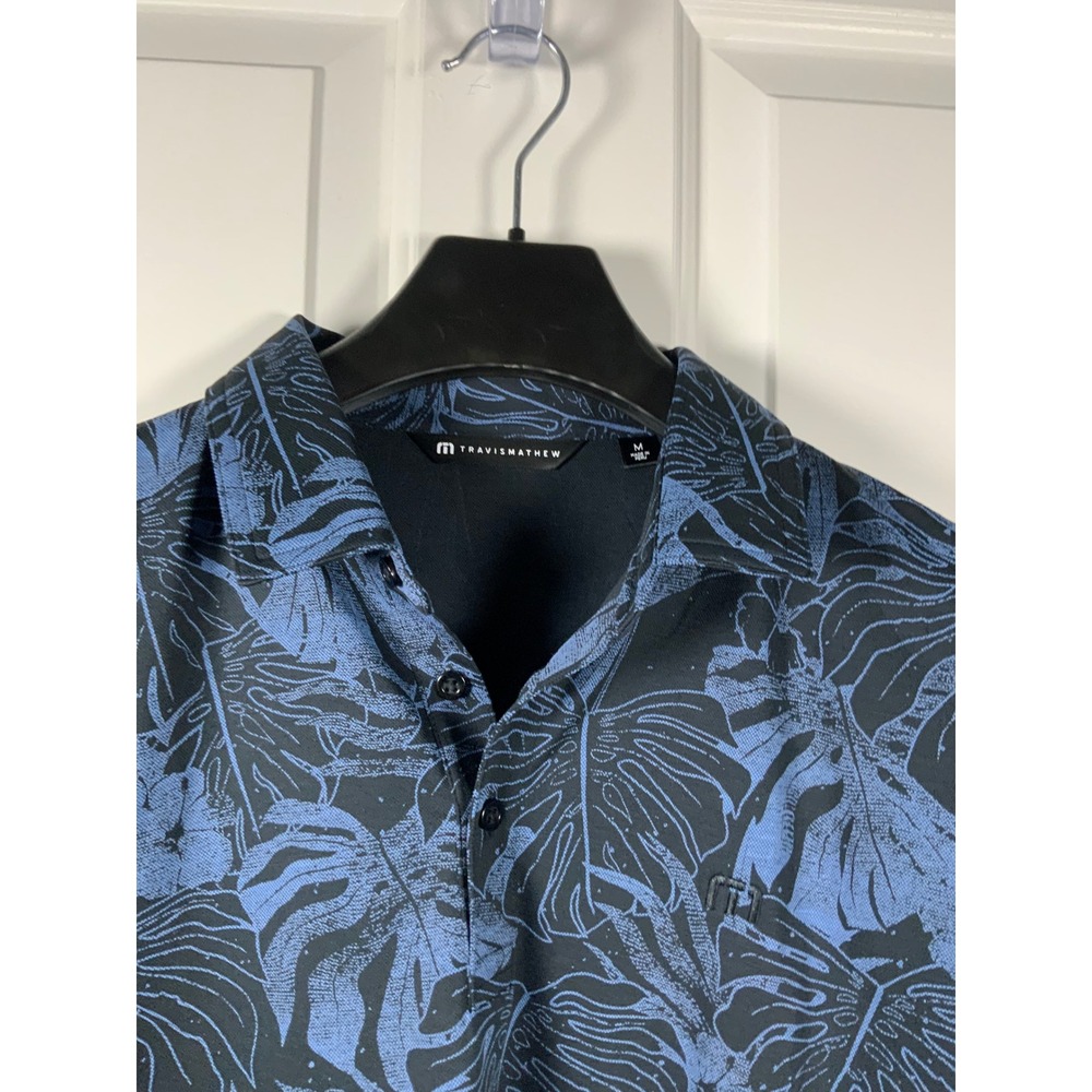 TravisMathew Mens Blue TropicalMonstera Leaf Print Golf Polo Shirt Size Med NWOT